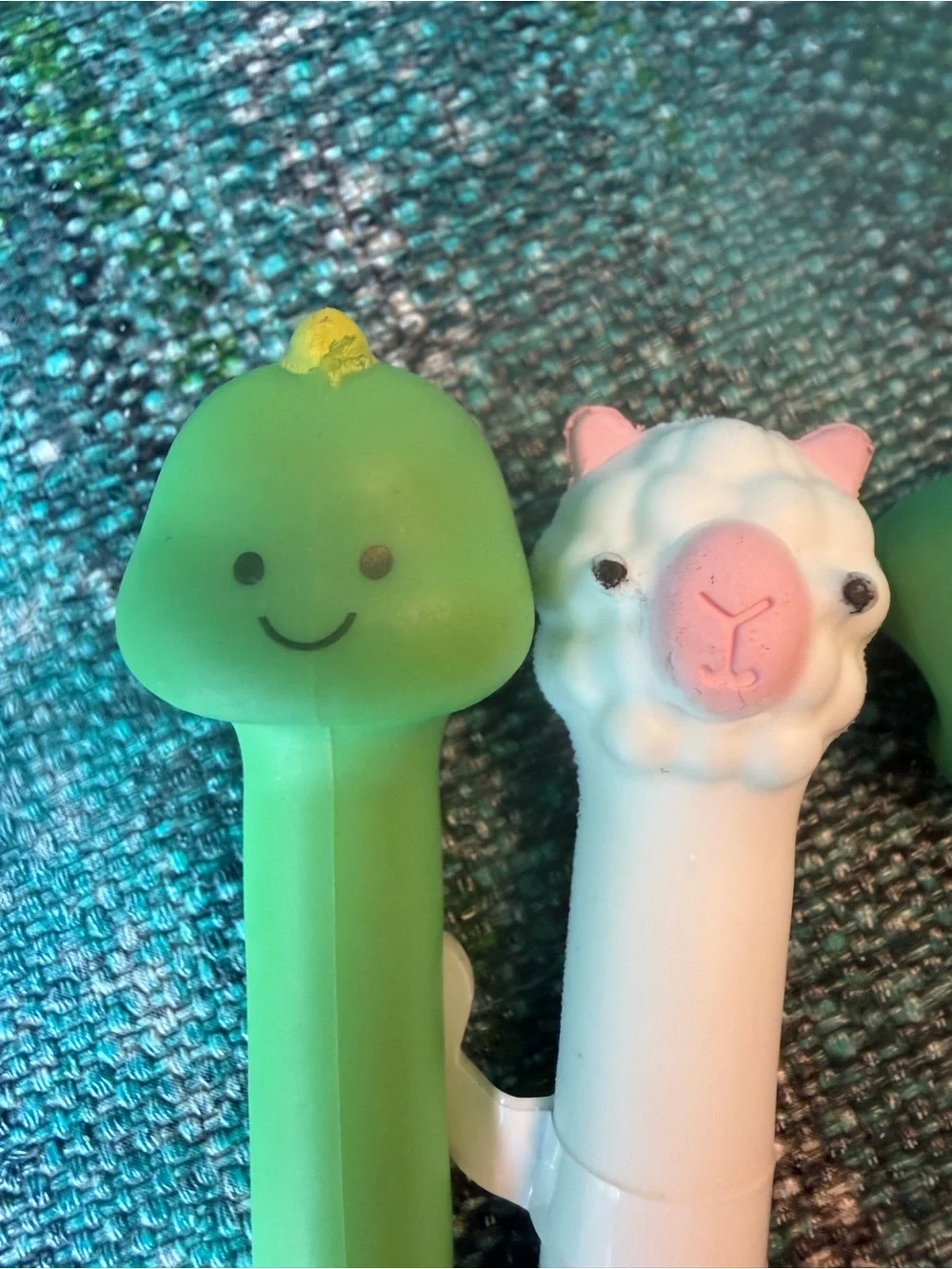 White Llama and Green Dinosaur Pens. They Stand Up. Black Ink. Fun!